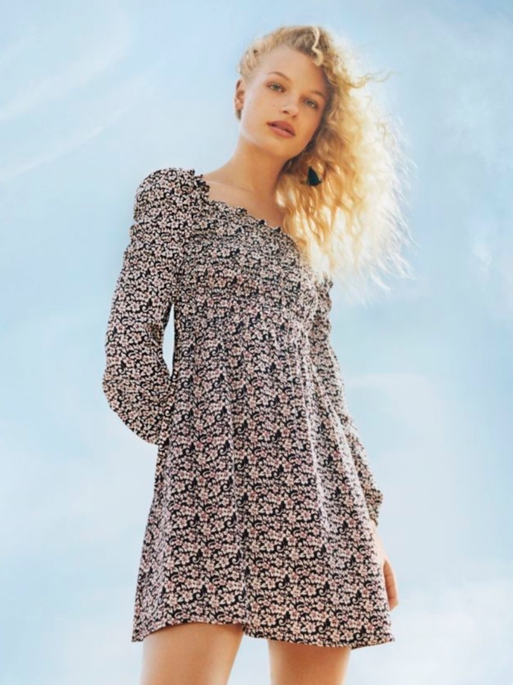 Maje Ranael Floral Smocked Bodice Long Sleeve Mini Dress